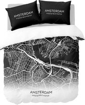 Y-NOT - Amsterdam Citymap - Dekbedovertrek - Microvezel - Eenpersoons - 140x200/220 cm - Zwart
