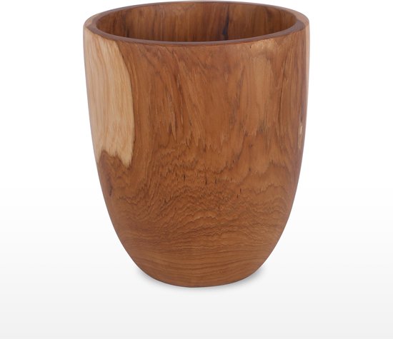 Houten vaas met een gebogen vorm, natuurlijke houtkleur en tekening.