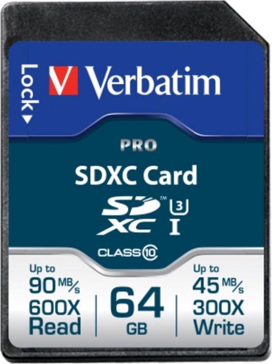 Verbatim PRO SDXC kaart, 64GB, Class 10, tot 90MB/s read, 45MB/s write.