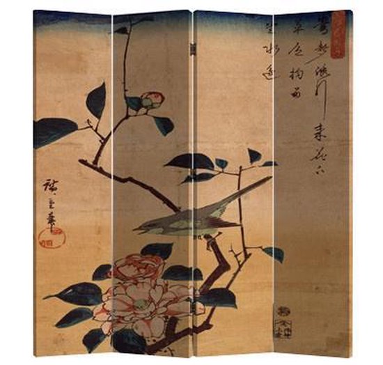 Fine Asianliving Kamerscherm Scheidingswand 4 Panelen Vogel en Lotusbloemen Vintage L160xH180cm