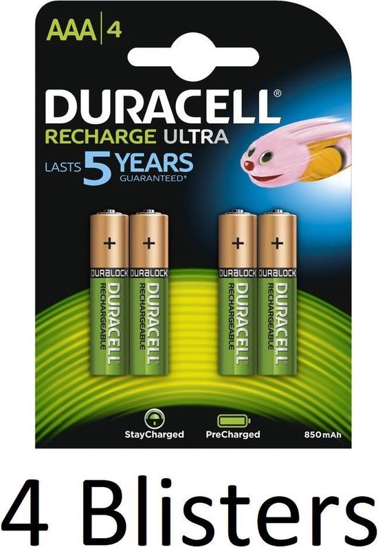 16 Stuks (4 Blisters a 4 st) Duracell AAA Oplaadbare Batterijen - 800 mAh |  bol.com