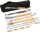 Ensemble d'outils pour barbecue - acier inoxydable avec poignées en bois - 10 pièces - spatule pour barbecue / fourchette à viande / brochette / pinces / brosse