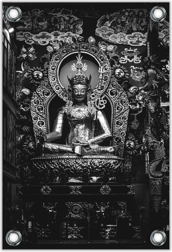 Tuinposter –Buddha (zwart-wit)– 30x40cm Foto op Tuinposter (wanddecoratie voor buiten en binnen)