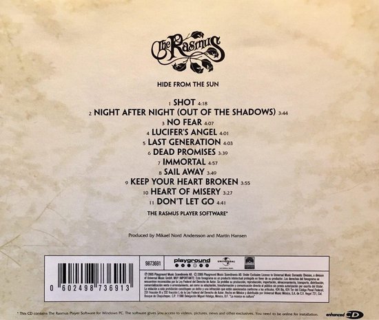 Achterkant albumcover met lijst van nummers: 'SHOT', 'NIGHT AFTER NIGHT (OUT OF THE SHADOWS)' en meer. Ook de barcode en tekst over auteursrecht.