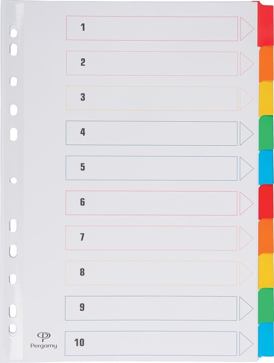 Pergamy tabbladen met indexblad, ft A4, 11-gaatsperforatie, geassorteerde kleuren, 10 tabs - Pergamy