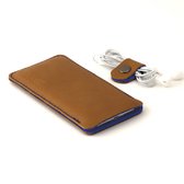 JACCET iPhone 7 Plus hoesje - Cognac kleur leer met blauw wolvilt - Handmade in Nederland