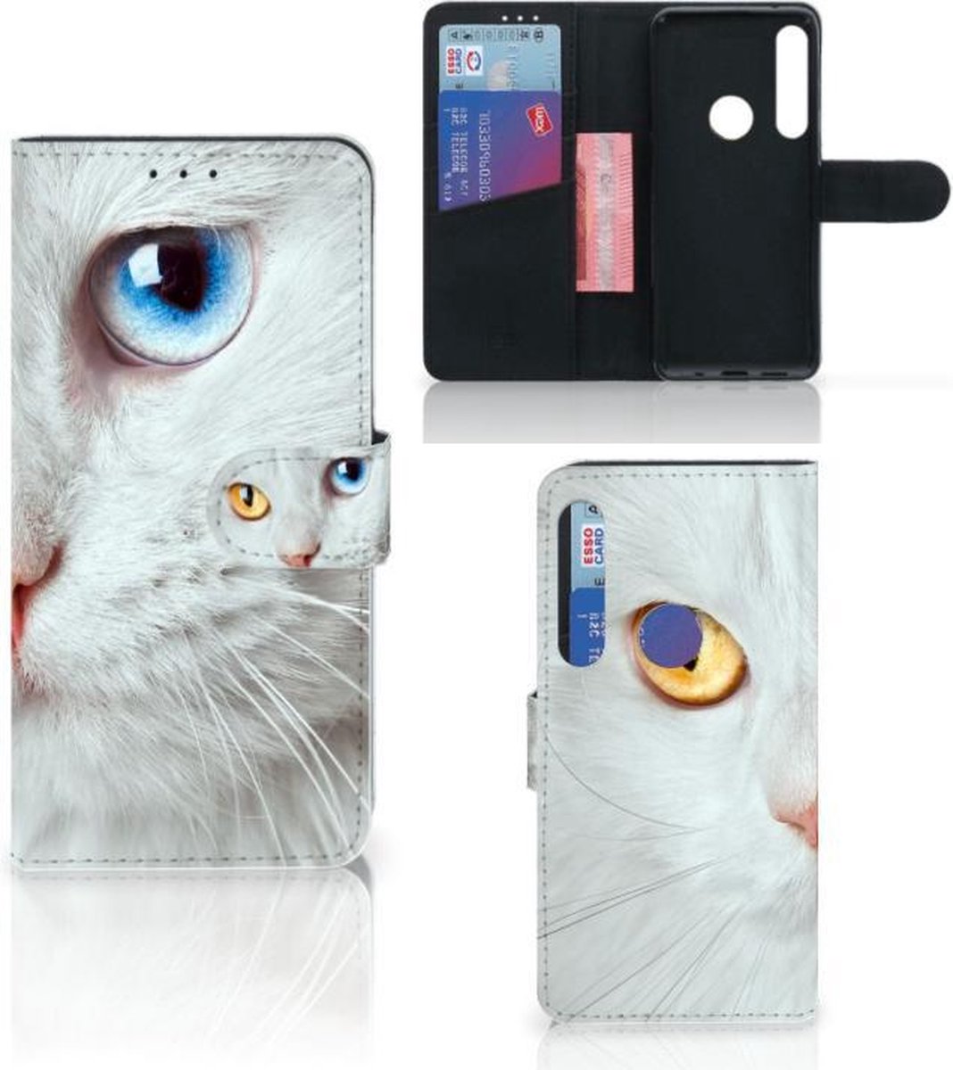 Motorola One Action Telefoonhoesje met Pasjes Witte Kat
