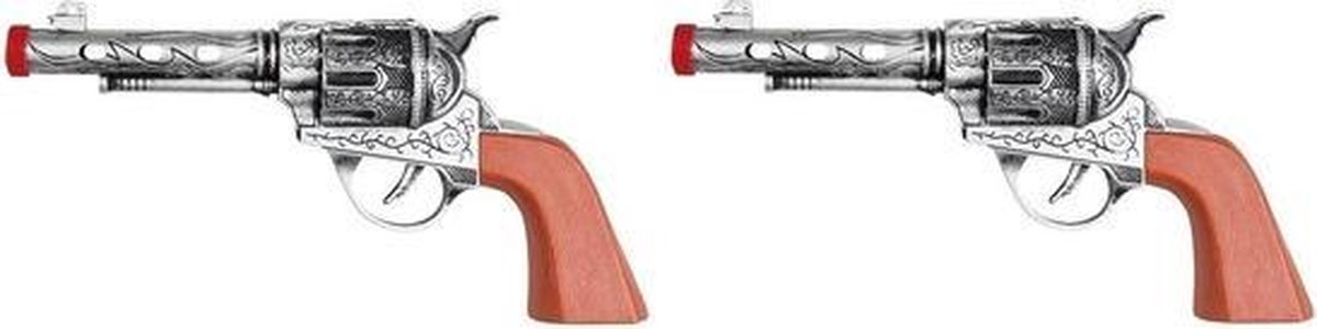 2x Western revolver/pistolen zilver 22 cm - Wilde westen/cowboy speelgoed verkleed accessoire - Speelgoedwapens - Merkloos