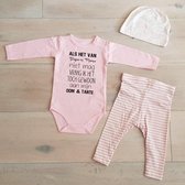 Baby geboorte cadeau Meisje Setje newborn | maat 74-80 | roze mutsje beertje roze broekje streep en roze romper lange mouw met tekst zwart Als het van papa en mama niet mag vraag i