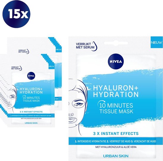 NIVEA 10 Minutes Hyaluron Hydrating Tissue Mask - 15 stuks -  Voordeelverpakking | bol.com