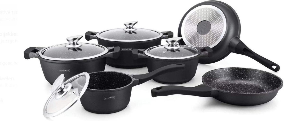 Royalty Line Pannenset Inductie - Luxe 10-delige Koekenpan Inductie - Voor Alle Warmtebronnen - Pannen Met Glazen Deksels en Koudgrepen - Marmer Coating - Antiaanbaklaag - Inductie - Zwart