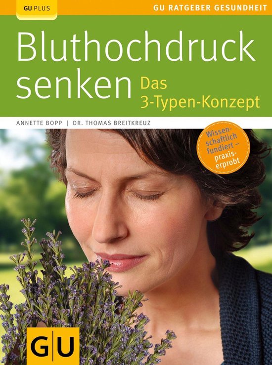 Livre : Bluthochdruck senken. Femme sentant de la lavande. Avec cercle orange 'Wissenschaftlich fundiert - praxis-erprobt'.