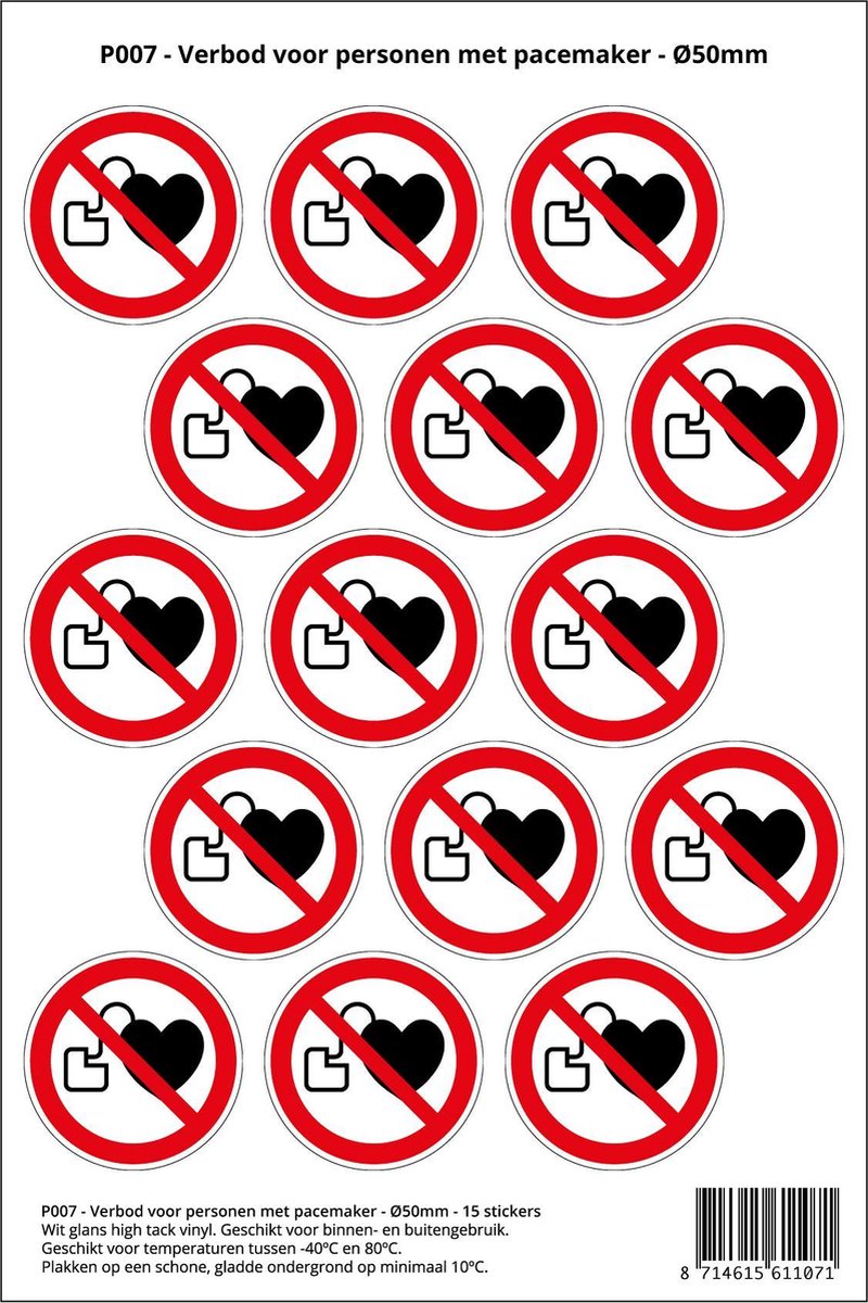 Pictogram sticker P007 - Verbod voor personen met pacemaker - Ø 50mm - 15 stickers op 1 vel