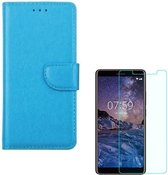 Nokia 7 Plus Portemonnee hoesje Turquoise met 2 stuks Glas Screen protector