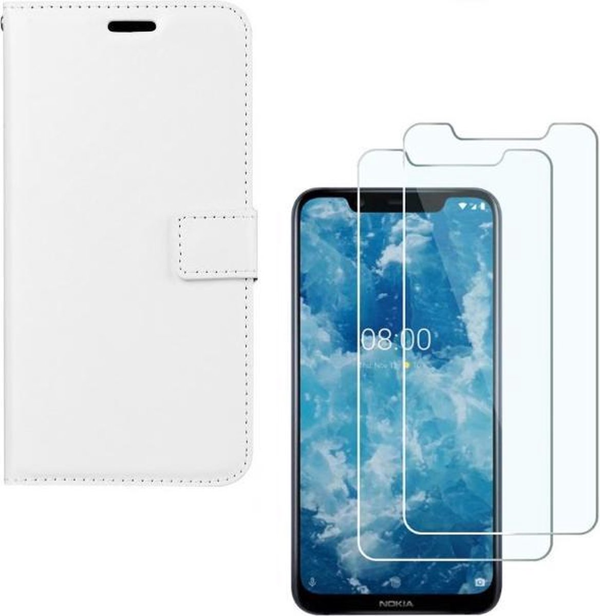 hoesje Geschikt voor: Nokia 7.1 Portemonnee Wit met 2 stuks Glas Screen protector