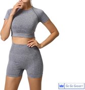 Sport outfit | high waist korte broek | crop top met korte mouw | naadloos | squatproof | grijs | L