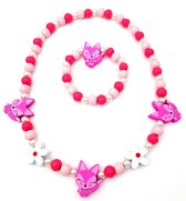 Kinderketting en armband voor meisjes houten kraaltjes roze vosjes en bloemen