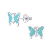 Joy|S - Zilveren glitter blauw vlinder oorbellen