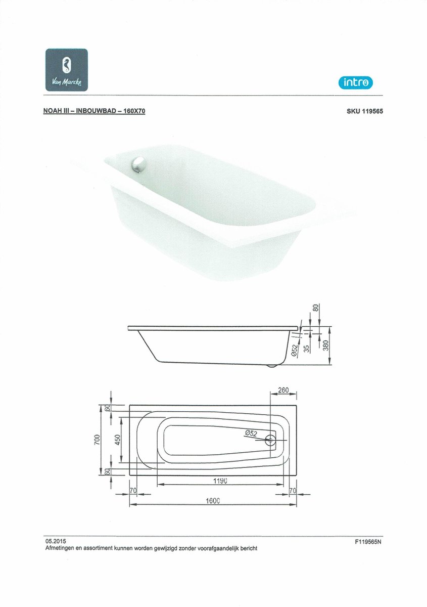 Nemo Start Noah III inbouwbad 160x70x38cm 155L met potenstel wit acryl