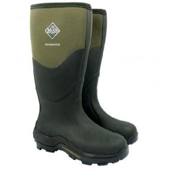 Paire de bottes vertes en caoutchouc avec partie supérieure en néoprène kaki et semelles à crampons.