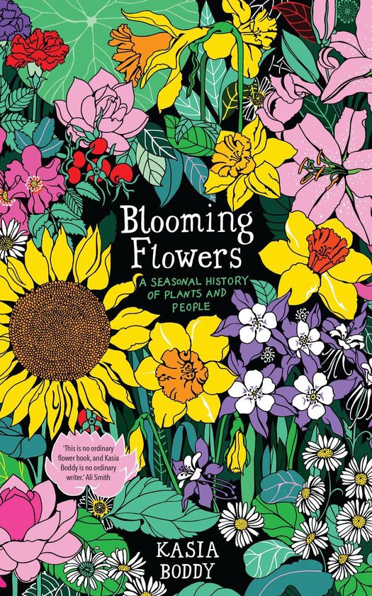 Boek "Blooming Flowers" met een levendige, gedetailleerde illustratie van diverse bloemen zoals zonnebloemen, narcissen en rozen.