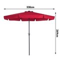 Rode parasol met afmetingen 330cm breed en 269cm hoog.