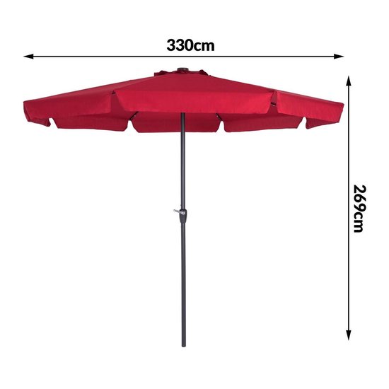 Rode parasol met afmetingen 330cm breed en 269cm hoog.