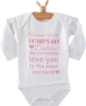 Baby Rompertje met tekst papa eerste Vaderdag cadeau meisje Happy first father’s Day | lange mouw | wit roze | maat 62/68