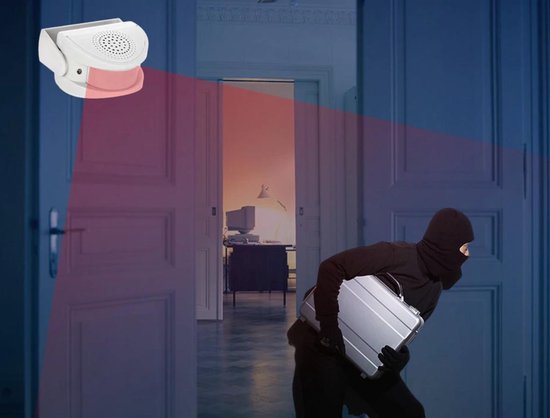 Witte WiseGoods entree melder met rode detectiestraal, gericht op een dief met aktetas