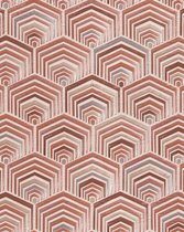 Etnisch behang Profhome DE120044-DI vliesbehang hardvinyl warmdruk in reliëf gestempeld met geometrische vormen glimmend crème bleekrood bronzen zilver 5,33 m2