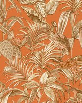 Vogels behang Profhome DE120019-DI vliesbehang hardvinyl warmdruk in reliëf gestempeld met exotisch patroon glanzend oranje koper goud crèmewit 5,33 m2