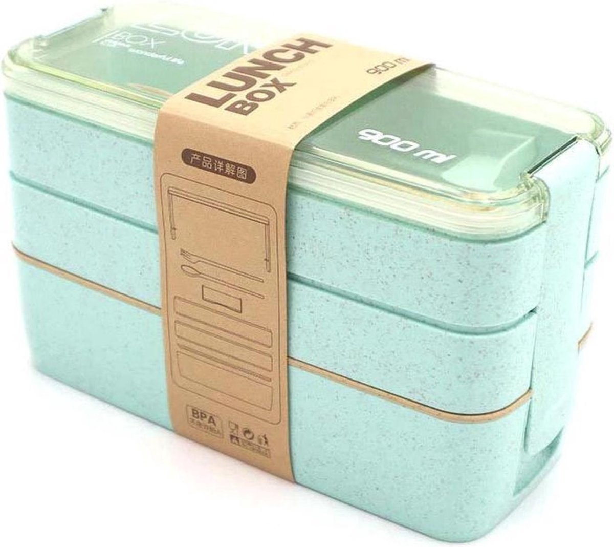 Groene Lunchbox van Colourfam® - Duurzaam en Eco Bento Lunchbox met 3 lagen inclusief Bestek - Magnetron - Vriezer - Vaatwasser - Bestendig - Milieuvriendelijk - Lunchbox Volwassenen - Broodtrommel