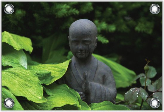 Tuinposter –Buddha tussen de Planten– 120x80 Foto op Tuinposter (wanddecoratie voor buiten en binnen)