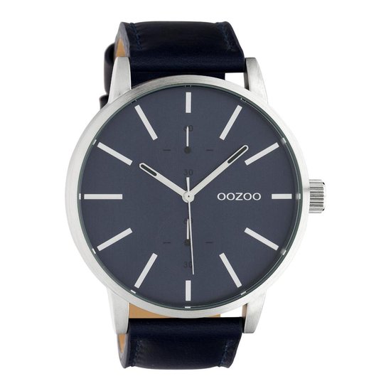 OOZOO Timepieces - zilverkleurige horloge met donker blauwe leren band - C10501 - Ø50