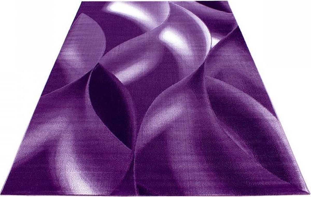 Laagpolig vloerkleed, abstract golfpatroon, violette kleur, woonkamerkleed, jute achterkant, afmeting: 160 cm x 230 cm