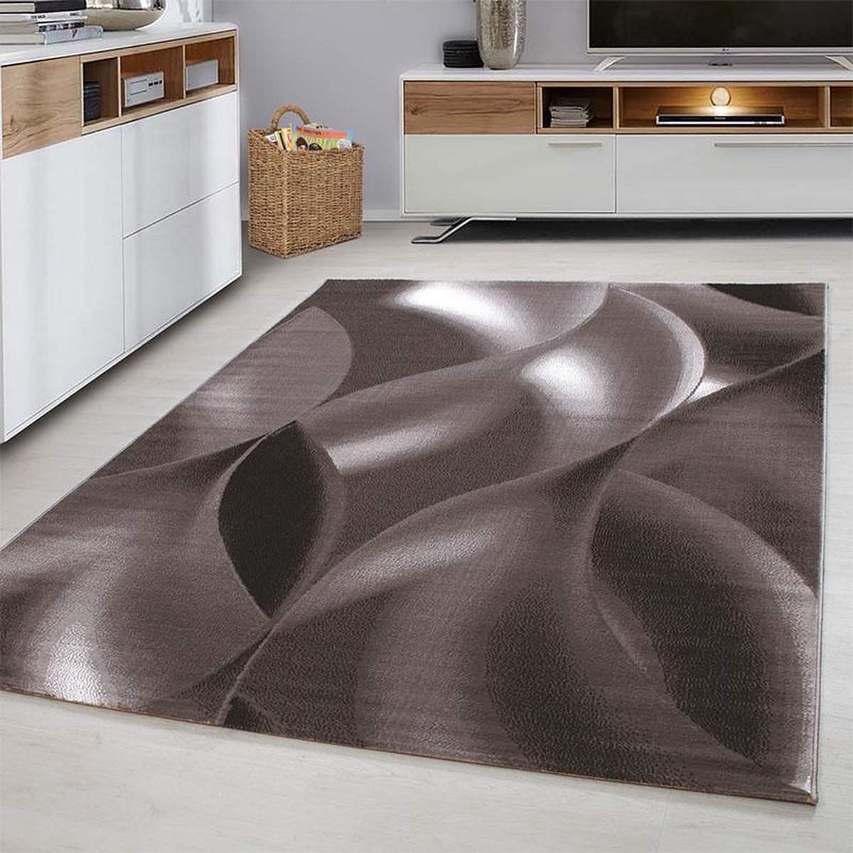 Laagpolig vloerkleed met abstract golfpatroon, bruine kleur, geschikt voor de woonkamer, met jute achterkant, afmeting: 80 x 150 cm