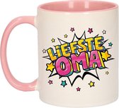 Liefste oma cadeau koffiemok / theebeker wit en roze met sterren - 300 ml - keramiek - cadeau beker / waardering mok