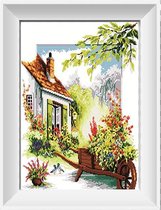 Artstudioclub®  borduurpakketten volwassenen Huisje en kar met bloemen 44 × 50cm