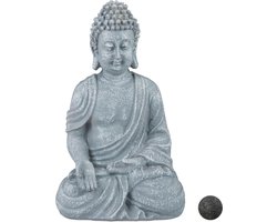 boeddha beeldje - zittend - 30 cm - binnen - buiten - kunststeen - lichtgrijs