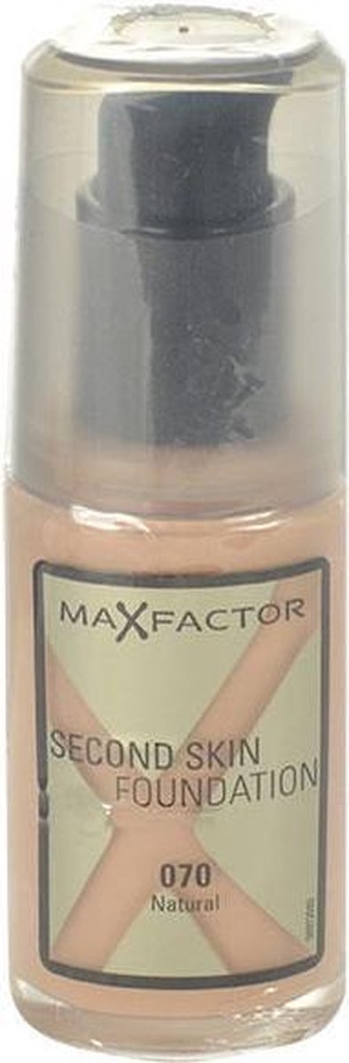 Flesje Max Factor Second Skin Foundation in een bruinige tint met pompje.