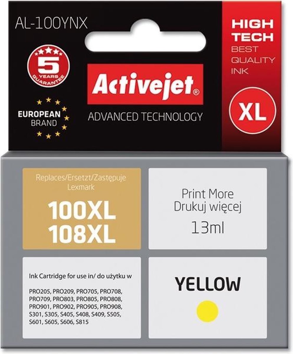 ActiveJet Al-100ynx-inkt voor Lexmark-printer; Lexmark 100XL, 108XL 14N1071E, 14N0901E vervanging; Opperste; 13 ml; geel.