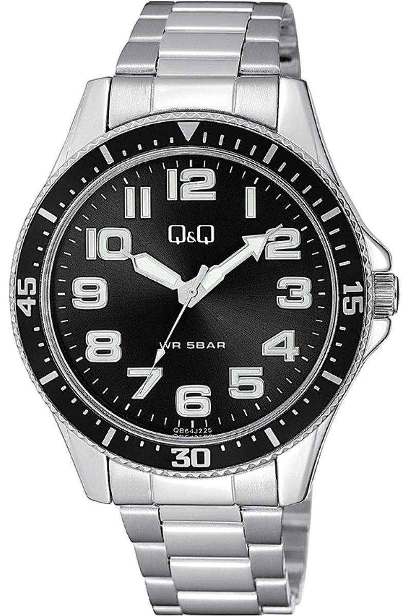 QQ QB64J225Y - Horloge - Analoog - Mannen - Heren - Stalen band - Rond - Metaal - Cijfers - Zilverkleurig - Zwart - Wit