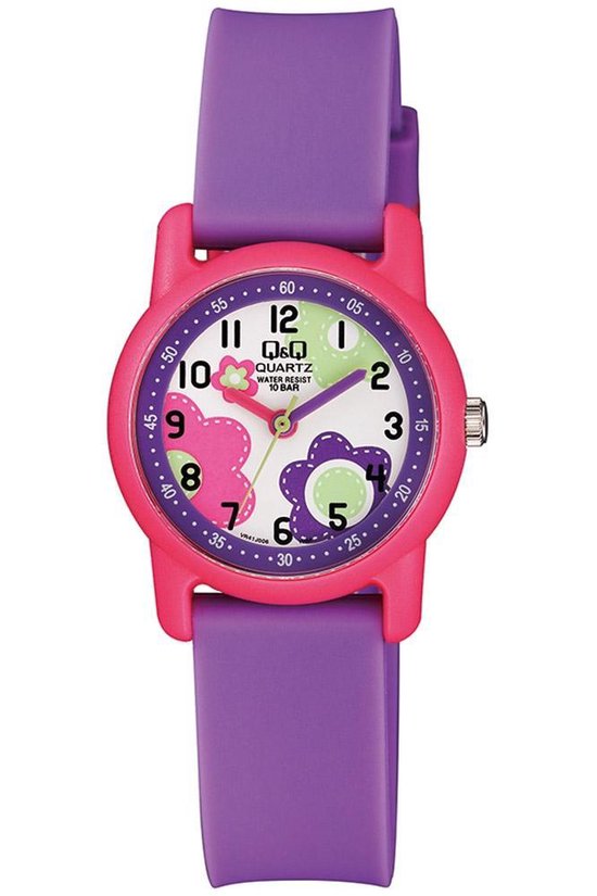 Q&Q kinderhorloge VR41J006Y paarse banden roos horlogekast met bloemendesign