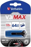 Verpakking van een blauwe 64 GB Verbatim V3 MAX USB-stick met "USB 3.0 SuperSpeed" en "175 MB/sec" transfer speed.