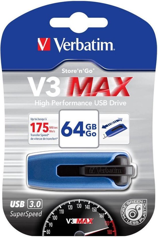 Verpakking van een blauwe 64 GB Verbatim V3 MAX USB-stick met "USB 3.0 SuperSpeed" en "175 MB/sec" transfer speed.