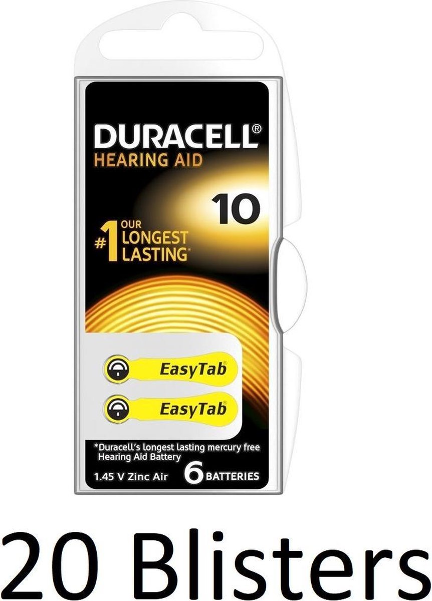 120 Stuks (20 Blisters a 6 st) Duracell Duralock Hearing Aid 10 geel