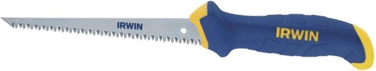 IRWIN schrobzaag met een blauw met geel handvat en een korte metalen zaag.