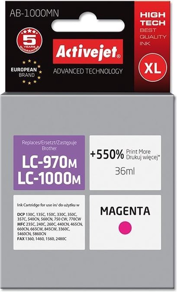 ActiveJet AB-1000MN-inkt voor brother printer; Brother LC1000 / LC970M-vervanging; 35 ml; magenta.