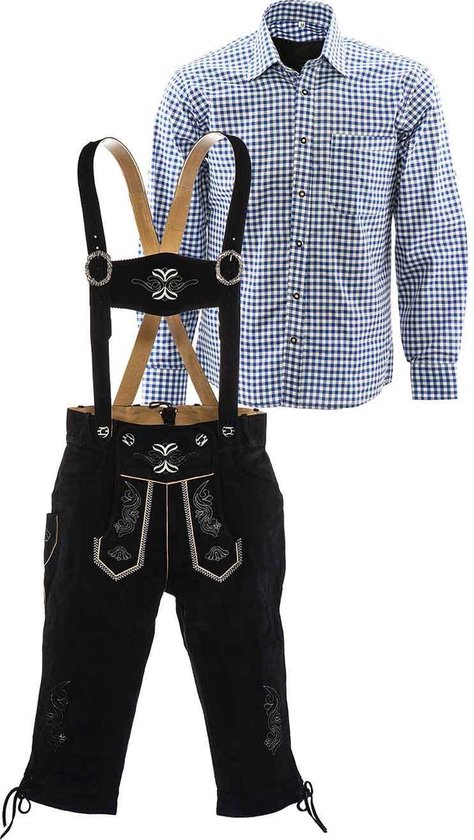 Lederhosen set | Top Kwaliteit | Lederhosen set B (zwarte broek + blauw overhemd), S, 50