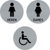 Ensemble de 3 panneaux de porte - panneau de toilette - toilettes pour dames - toilettes pour hommes - toilettes pour handicapés - panneau - dames - messieurs - handicapés - rond avec aspect acier inoxydable